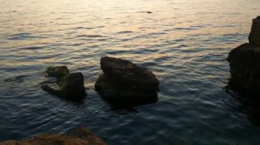 Taşlar ile deniz sahilde günbatımı