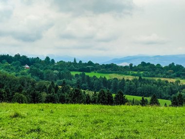 Dramatik bulutlar ile yağmur sırasında Karpat tepeler