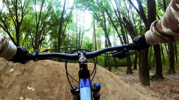 秋の登山道を自転車で走る — ストック写真