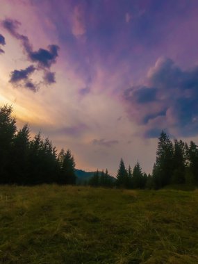 Gün batımında Carpathian dağlarıyla muhteşem güneş ışığı altında manzara