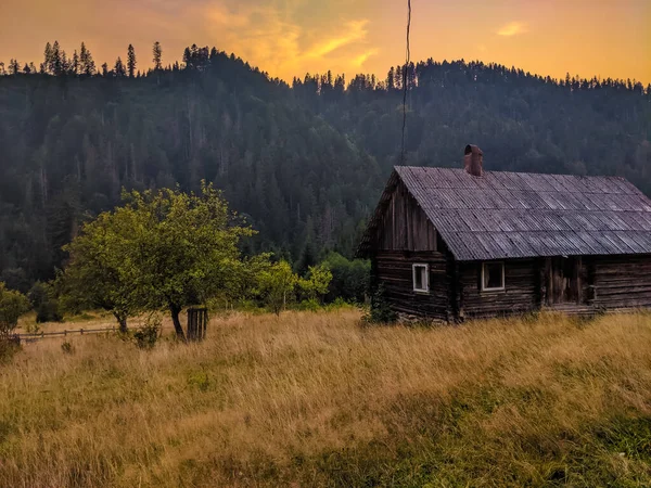 Krajina Karpatskými Horami Během Západu Slunce Úžasným Slunečním Světlem — Stock fotografie