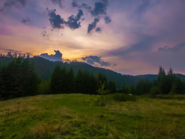 Gün Batımında Carpathian Dağlarıyla Muhteşem Güneş Işığı Altında Manzara — Stok fotoğraf