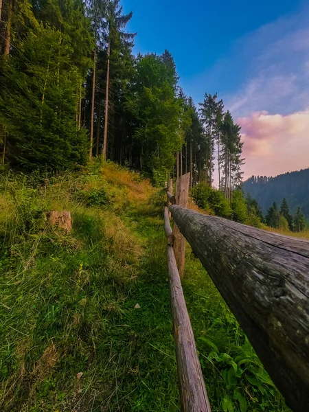Landschap Met Karpaten Bergen Tijdens Zonsondergang Met Verbazingwekkend Zonlicht — Stockfoto