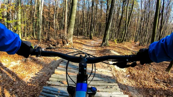 Amatör Ryttare Enduro Cykel Ridning Stigen Höstsäsongen — Stockfoto