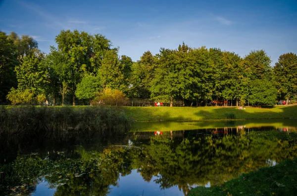 Miejski Park Ciepły Słoneczny Dzień Jesienny Sezon Krajobraz Spełniony Przez — Zdjęcie stockowe