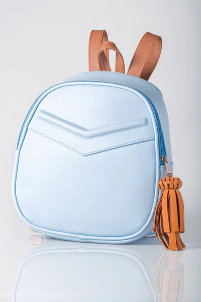 E- ticaret için beyaz arka planda kahverengi sarı çizgili mavi deri kadın sırt çantası.