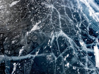 Donmuş bir yüzey Baykal Gölü Sibirya (Rusya'nın kalın katı tabakası çatlaklar ağ)