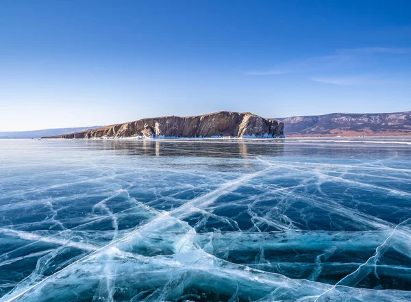 Glace Transparente Sur Lac Baïkal Près Île Zamogoy Sibérie Russie — Photo