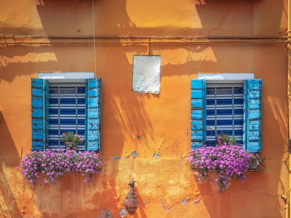 Dos Ventanas Con Floreros Persianas Azules Abiertas Una Fachada Color — Foto de Stock