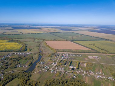 Yaz mevsiminde göletli köyün insansız hava görüntüsü. Açık mavi gökyüzünün altındaki çim tarlaları, ağaçlar ve yollar arasındaki evler ve çiftlikler. Penza bölgesi, Rusya. Idyllic kırsal alanı..