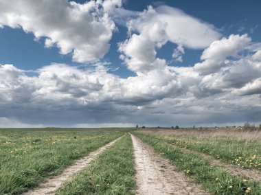 Yeşil çayır boyunca uzanan kirli kırsal yolun perspektif manzarası ve derin mavi gökyüzünün altında kümülüs bulutları. Kırsal bir yolda otlarla kaplı kuru izler. Yaz güneşli bir gün.