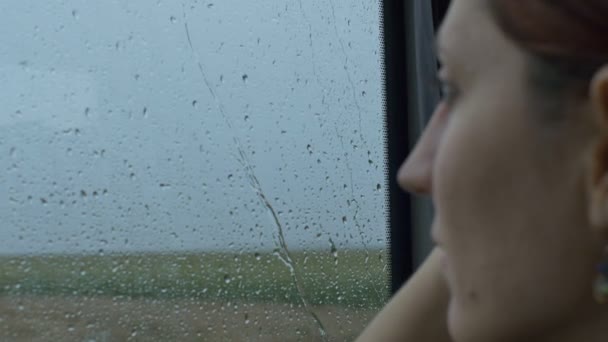 Γυναίκα Ψάχνει Μέσα Από Παράθυρο Του Τρένου Ένα Βροχερό Σιδηροδρομικό — Αρχείο Βίντεο