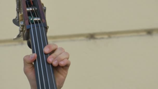 Fingers Bass Violin Player Performing Outdoor — Stock Video