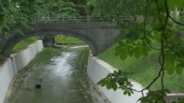 Θέα Μιας Γέφυρας Πάνω Από Ένα Ποτάμι Που Διοχετεύεται — Αρχείο Βίντεο