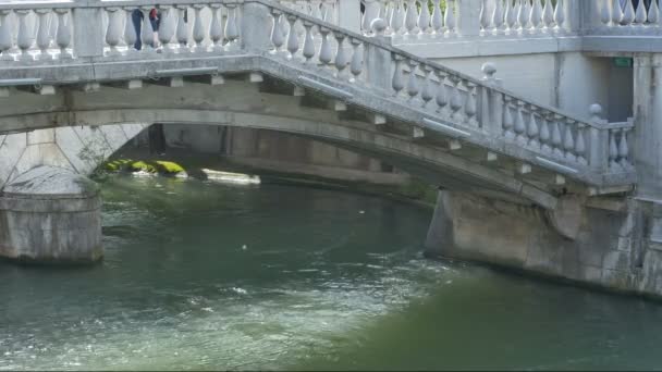 Pohled Kamenné Pilíře Trojitého Mostu Lublani Slovinsko — Stock video