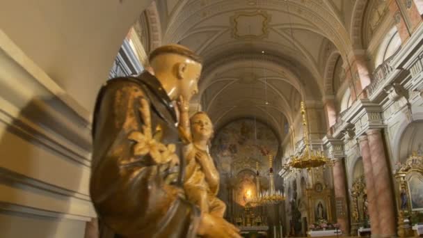 Φραγκισκανό Άγαλμα Μοναχού Και Εσωτερική Θέα Μιας Καθολικής Εκκλησίας — Αρχείο Βίντεο