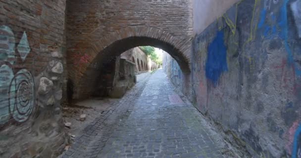 中世の要塞の要塞の壁の近くの石畳の道を歩く — ストック動画
