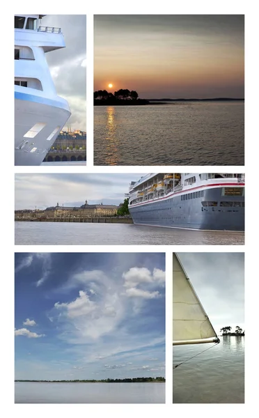 Collage Von Kreuzfahrtschiffen Und Verschiedenen Meereslandschaften — Stockfoto