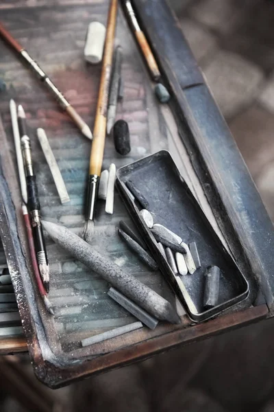 Gesso Carboncino Una Scatola Pittore Montmartre Parigi — Foto Stock