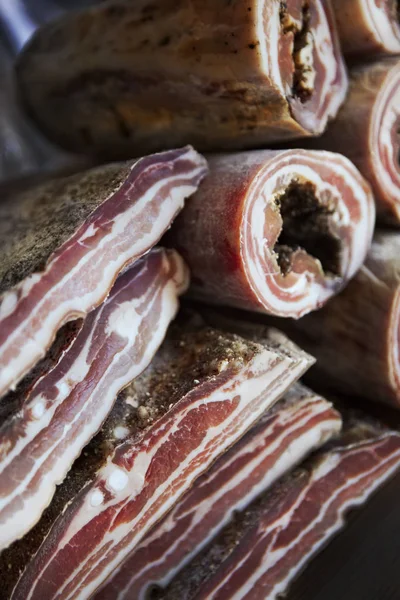 Carne Bacon Picante Uma Barraca Carnificina — Fotografia de Stock