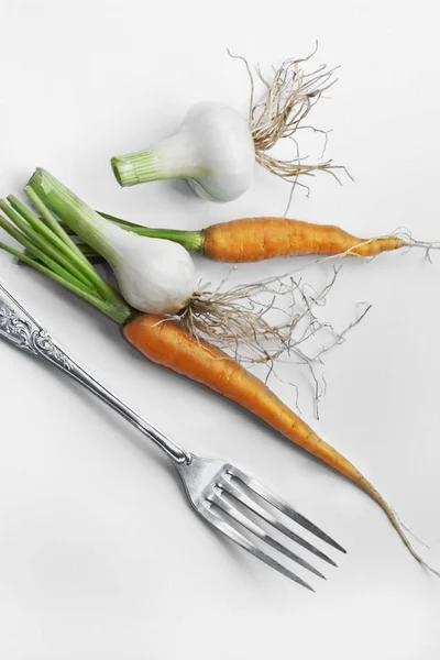 Fourchette Saine Aux Légumes Argent Sur Une Table — Photo