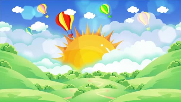 Balões Quente Coloridos Brilhantes Voando Céu Azul Atrás Sol Animação — Vídeo de Stock