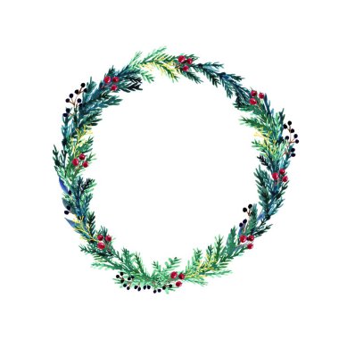 Noel ağacıyla Noel çelengi, kırmızı kış meyveleri. Suluboya ile boyanmış kış çelengi. Çiçeklerle boyanmış tatiller, beyaz arka planda izole edilmiş yapraklar. Tasarım, baskı ve arkaplan için yeni yıl illüstrasyonu.