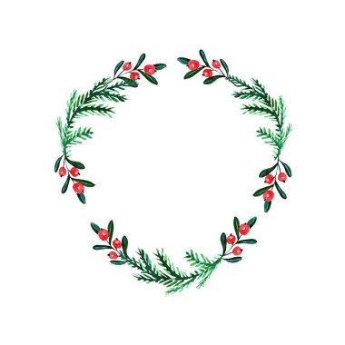 Noel ağacıyla Noel çelengi, kırmızı kış meyveleri. Suluboya ile boyanmış kış çelengi. Çiçeklerle boyanmış tatiller, beyaz arka planda izole edilmiş yapraklar. Tasarım, baskı ve arkaplan için yeni yıl illüstrasyonu.