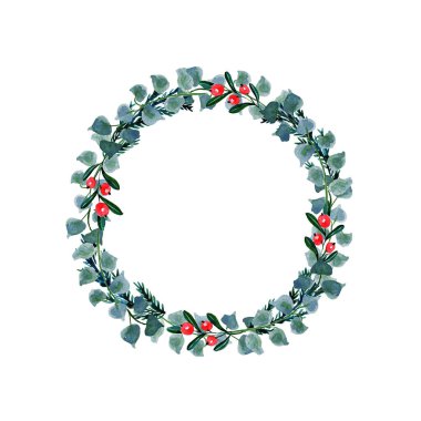 Noel ağacıyla Noel çelengi, kırmızı kış meyveleri. Suluboya ile boyanmış kış çelengi. Çiçeklerle boyanmış tatiller, beyaz arka planda izole edilmiş yapraklar. Tasarım, baskı ve arkaplan için yeni yıl illüstrasyonu.