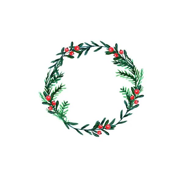 Weihnachtskranz Mit Weihnachtsbaum Rote Winterbeeren Winterkranz Mit Aquarell Bemalt Handbemalte — Stockfoto