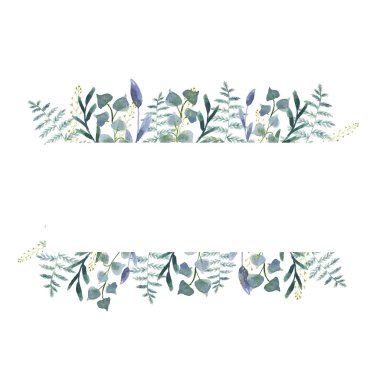 El çizimi suluboya çizimi. Yeşil dallardan ve yapraklardan oluşan botanik çelenk. Tasarım elemanları. Davetiyeler için mükemmel, tebrik kartları, baskılar, posterler, paketleme 