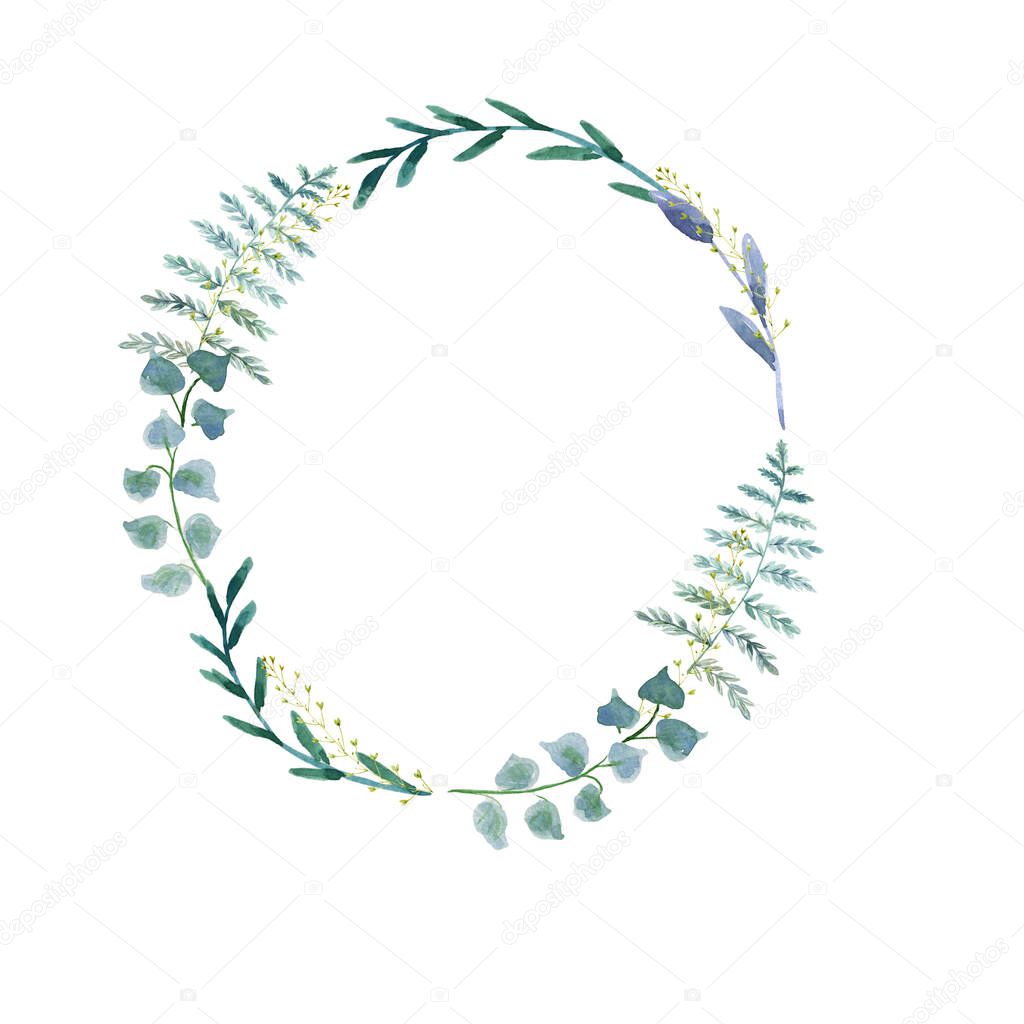 Hand drawn watercolor illustration. Botanical wreath of green branches and leaves. Design elements. Perfect for invitations, greeting cards, prints, posters, packing 