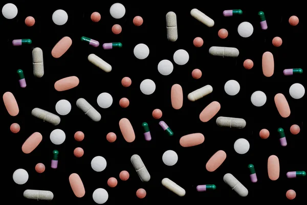 Medicinali Isolati Sfondo Nero Diverse Pillole Farmaci — Foto Stock