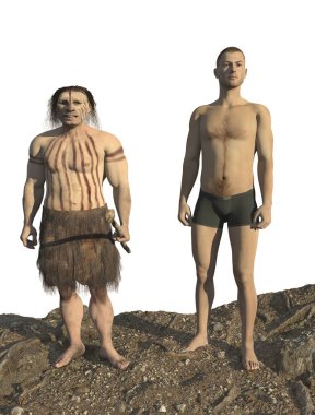 Dijital illüstrasyon ve 3d render bir Neandertal adam