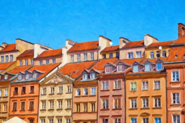 Painting Canvas Bright Facades Historic Buildings Market Square Warsaw Poland — Stock Photo, Image