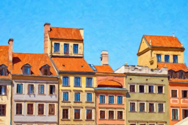 Painting Canvas Bright Facades Historic Buildings Market Square Warsaw Poland — Stock Photo, Image