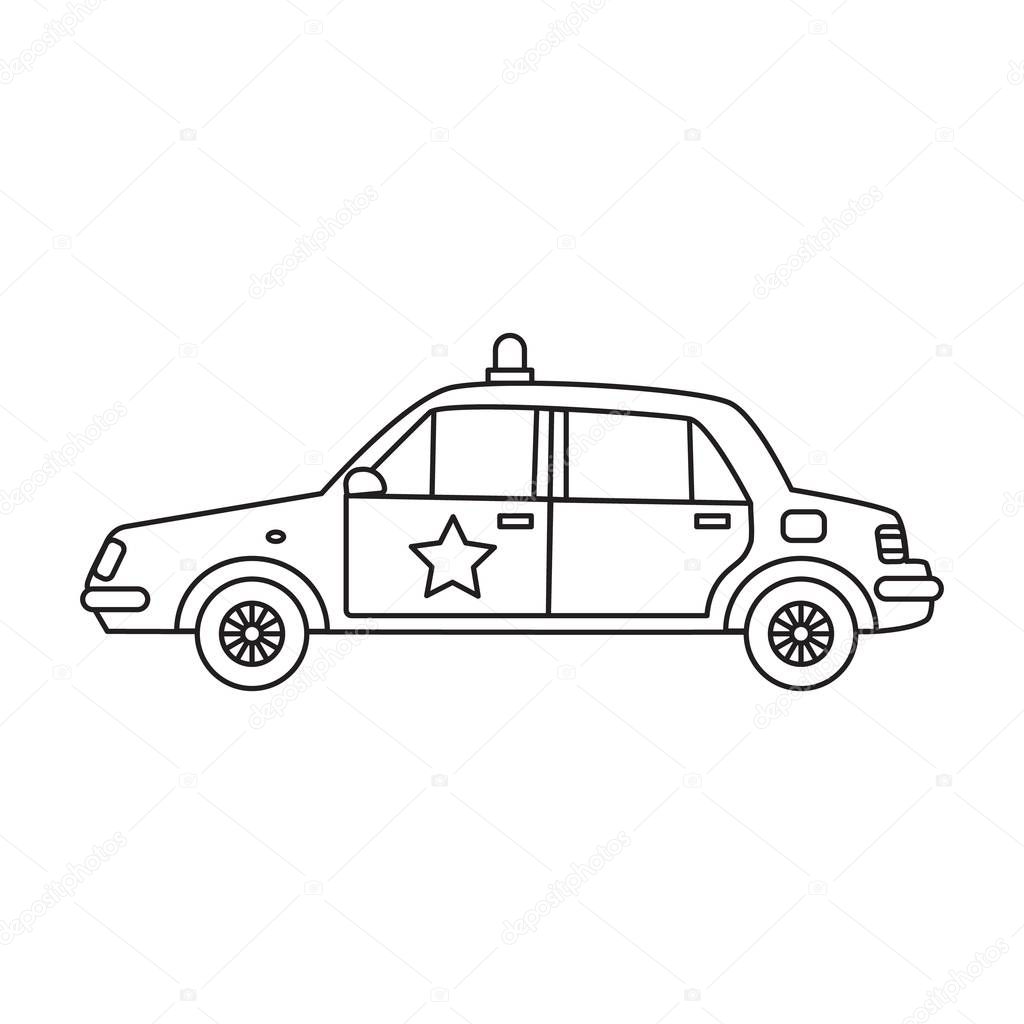 Police car with flashing lights and sherifs star in the line art style