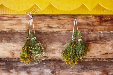 Otsu bitkiler - St John's wort ve papatya ipe kurutulmuş