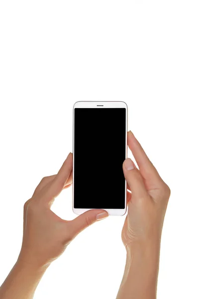 Mock Modern Smartphone Hands Girl Phone Vertical Position Blank Screen — Stock Photo, Image