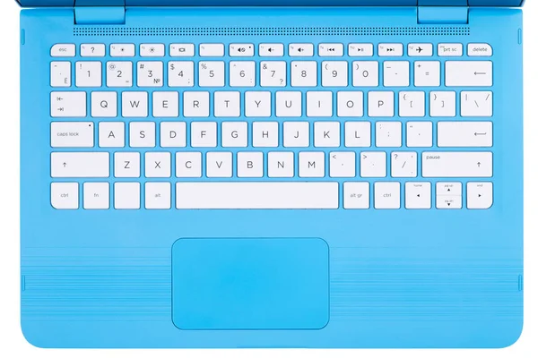 Keyboard of blue laptop with white keys, top view