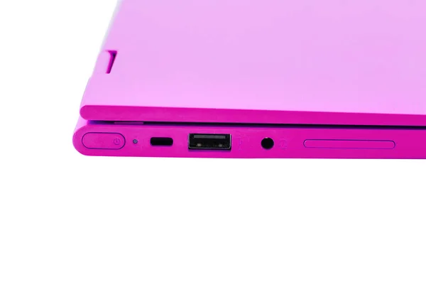 Del Den Moderna Rosa Laptop Med Strömbrytaren Usb Kontakt Hörlurar — Stockfoto