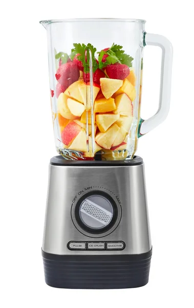 Sabit blender elma, pumpkins, güler yüzlü yapmak için çilek dilimleri ile dolu.