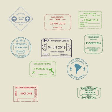 Farklı ülkelere grunge Visa pasaport pulları seti