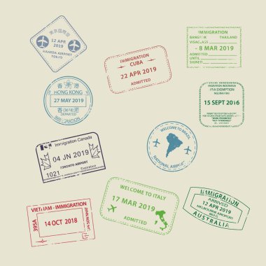 Farklı ülkelere grunge Visa pasaport pulları seti
