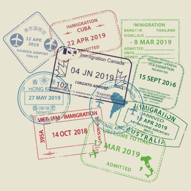 Farklı ülkelere grunge Visa pasaport pulları seti