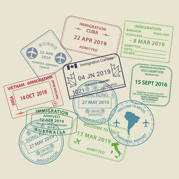 Набор паспортных марок визы в разные страны — стоковый вектор