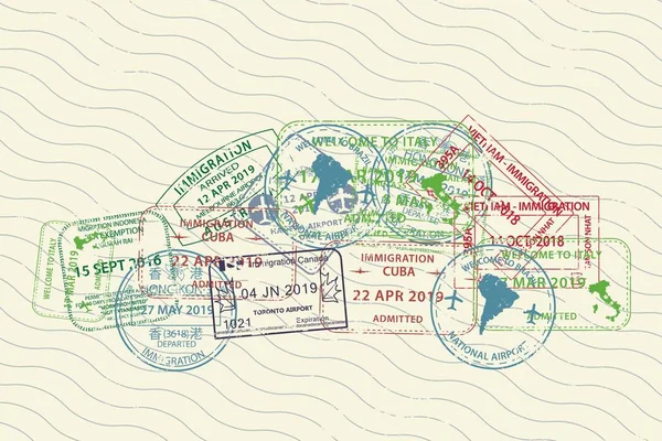 Diferentes sellos de pasaporte de visado en forma de coche — Vector de stock