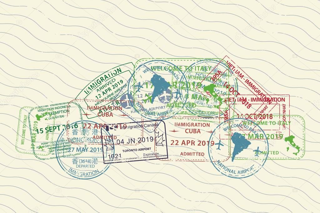 Different visa passport stamps in form of car