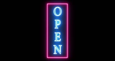 Dikey neon işaretinin 4k animasyonu açık. İşaret açılıyor ve yanıp sönüyor..