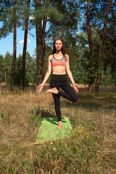 Hermosa joven practicando yoga en la mañana sobre la naturaleza. — Foto de Stock